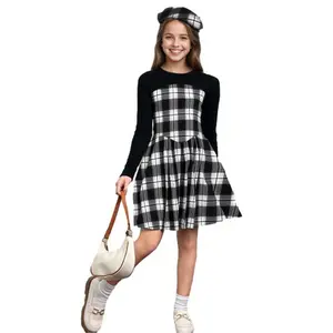 Ready Stock 8-12Y Tween Girls Elegant Ribbed Plaid Long Sleeve Dress and Hat Set 2Pcs Clothes for Fall Winter Casual Outings, Parties 42505027