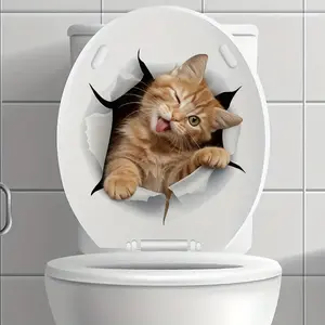 Realistic Cat Toilet Sticker, Fun Winking Tongue Design, Removable Vinyl Bathroom Decor, Playful Prank Decoration