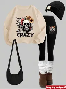 Women's Skull Print Sweatshirt Set, Round Neck Long Sleeve Top, Fitted Bottoms, Casual Fall & Winter, Perfect for Holidays