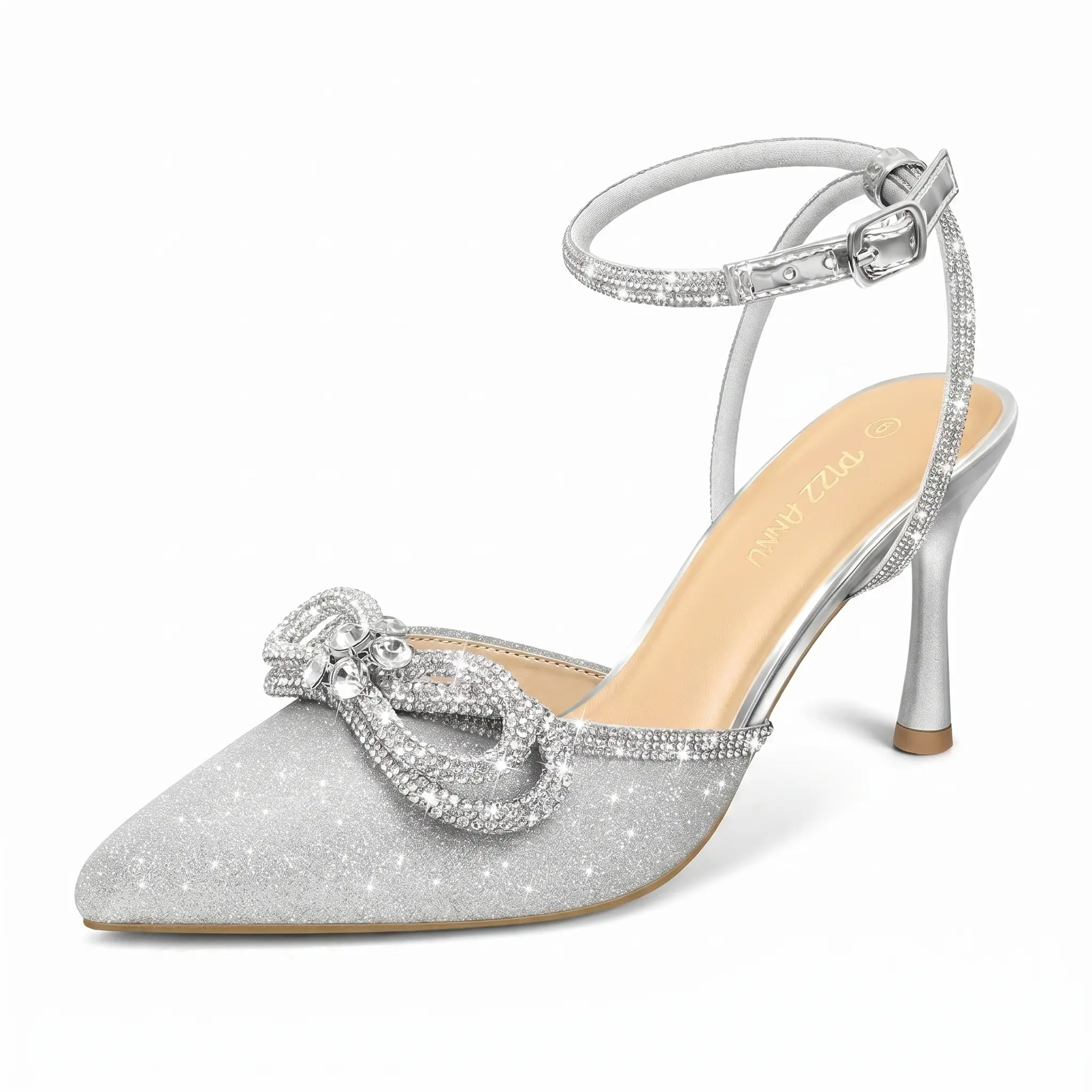 PIZZANNU Women's Elegant Rhinestone-Strapped Buckle Pointed Toe Flare Heeled Embellished Sandals - Leather and Faux Leather Formal Evening Shoes for Women, Summer Party Graduation Footwear