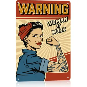 8x12 in Aluminium Warning Sign - Retro Rosie The Riveter Inspired Woman At Work Wall Decor for Office, Home