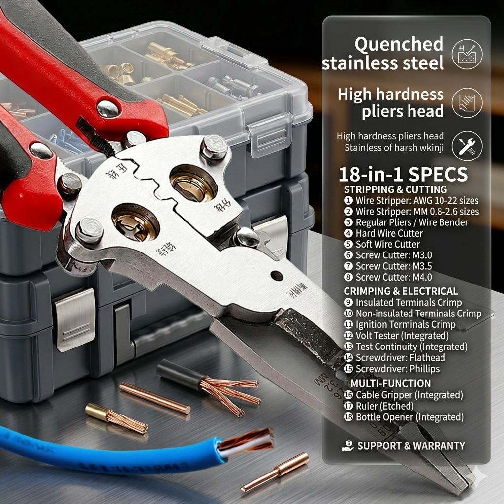16-in-1 Multifunction Wire Stripping Tool with Voltage Tester, Foldable Wire Cutter & Crimper, Electrician Hand Tool with 2 Detachable Test Pens