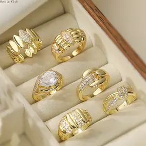 18K Gold Plated CZ Geometric Open Ring for Women, Elegant Copper Adjustable Band, Minimalist Luxury Jewelry, Trendy Fashion Ring, Versatile and Stylish Accessory for Daily Wear, Unique Gift for Her