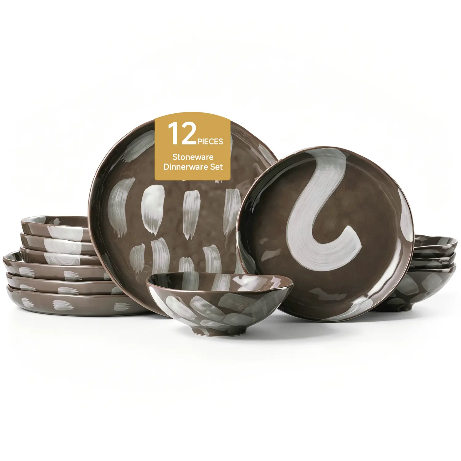 KINGSTONE Brushstroke Stoneware Tableware Set - 12-Piece Hand-Painted, Microwave-Safe Dinnerware Set for 4, Brown, Model 11602, Ideal for Everyday Use