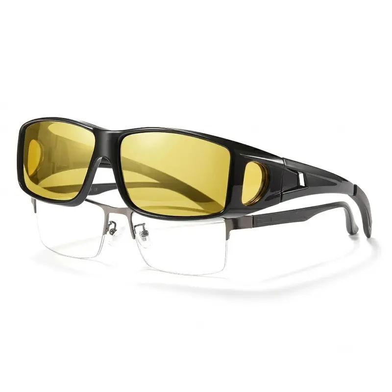 Unisex High Quality Eyewear Tac Alloy Full Rim Driver Glasses - Oversized Fit-Over Rectangular Polarized Sunglasses, Anti-Glare Polarised Lens, HD Yellow Road Clarity Night Vision Goggles