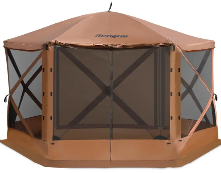 12x12ft Pop-Up Camping Canopy Gazebo, Screen Tent with Mesh Windows & Carry Bag, 6 Sided Shelter Tent with Ground Stakes, Brown