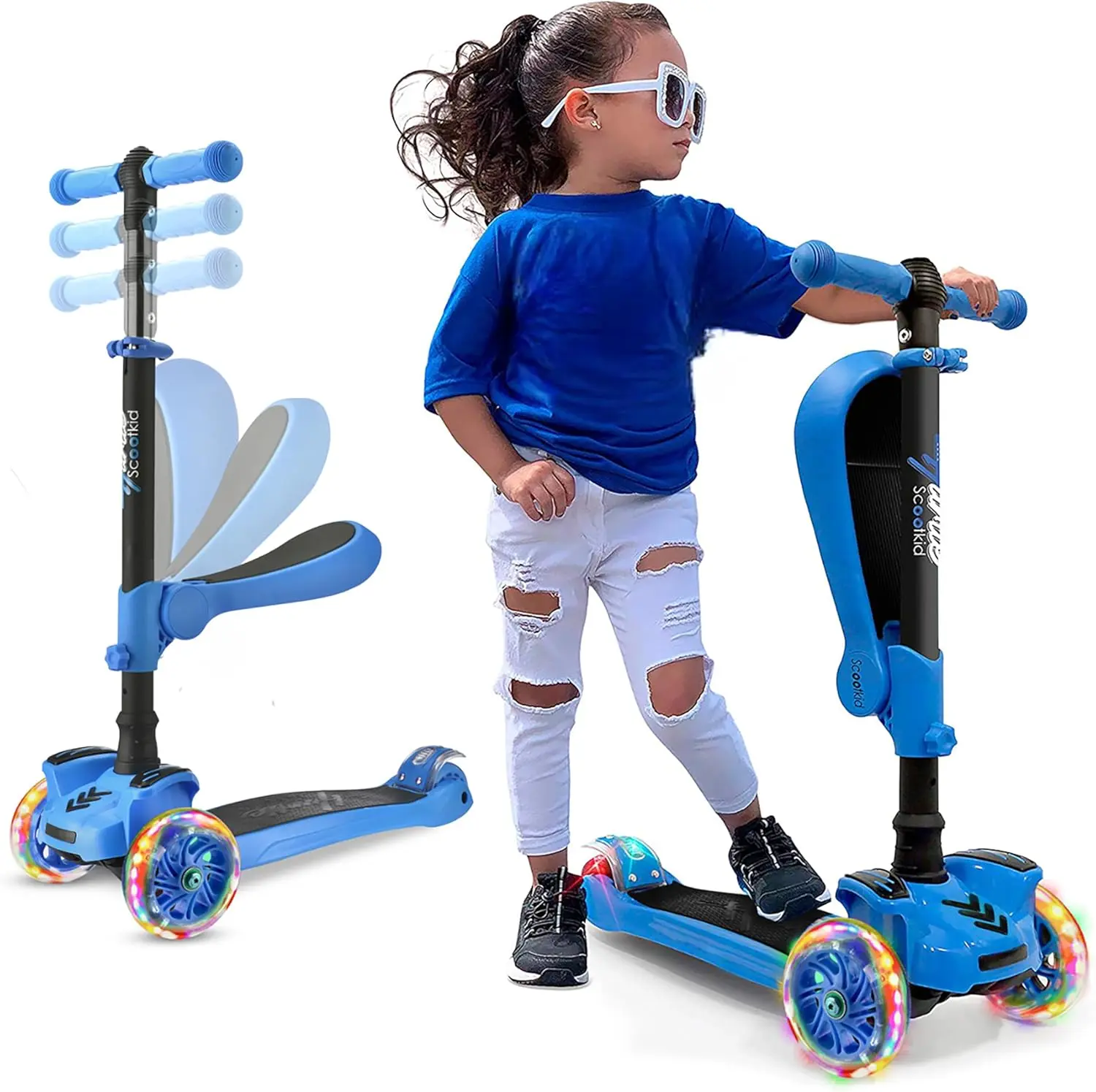 Mini Kids Scooter - Blue | 3-Wheel Kick Scooter with Sit or Stand Fold-Out Seat - Adjustable Height, LED Wheels, Anti-Slip Deck & Lean-to-Steer Technology - Portable Toddler Scooter for Indoor & Outdoor Play