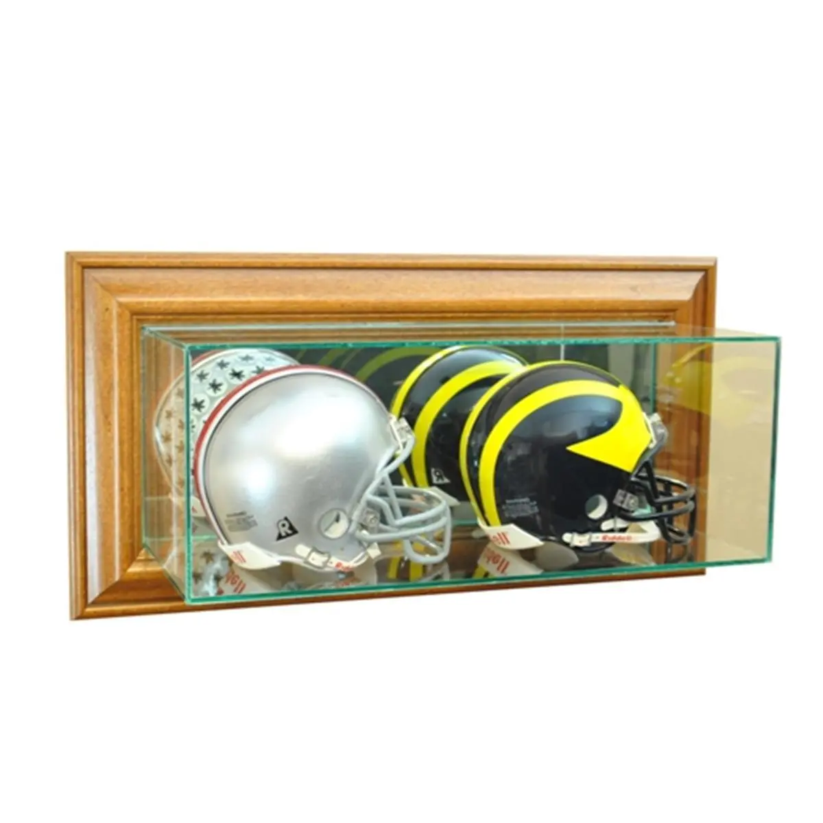 Perfect Cases Walnut Wooden Wall-Mounted Double Mini Helmet Display Case - Home Supplies, Easy to Open Display Tray Storage Box, Mini Storage Solutions (WMDBMH-W)
