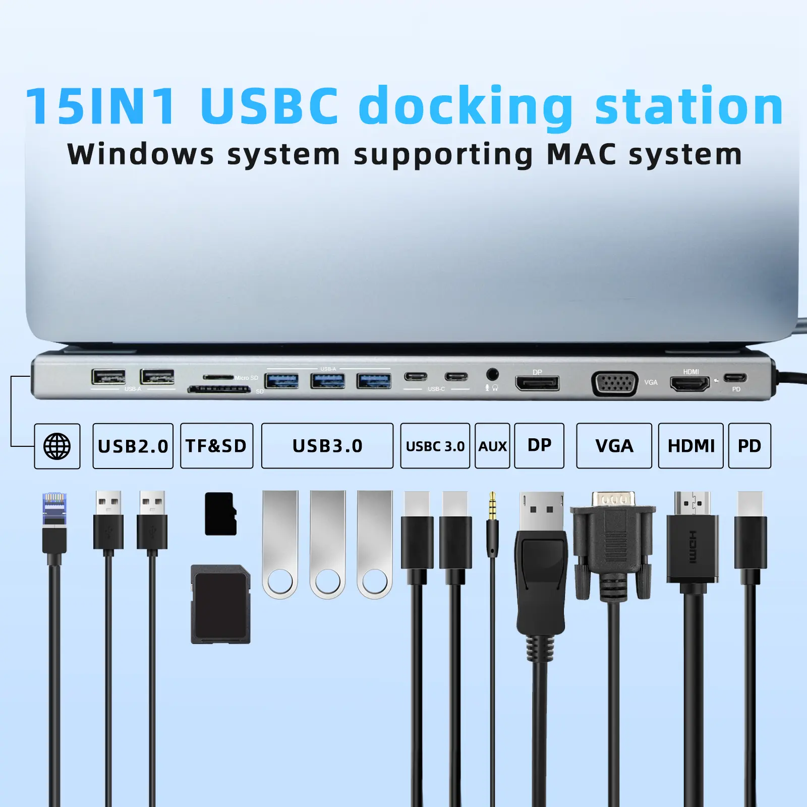 USB-C 15-in-1 Multi-Function Docking Station UC-1501P, Triple Display (HDMI+DP+VGA) 4K@60Hz, Gigabit Ethernet, PD 100W Charging, SD/TF Card Reader, 3.5mm Audio, USB Hub for Laptop