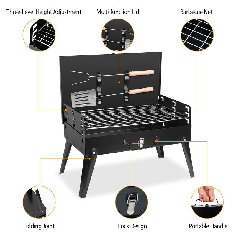 Portable Charcoal Grill Outdoor Foldable BBQ  Grill with barbecue accessories,suitable for picnics,camping,beach parties,garden barbecuse,height adjustable for 3 to 5 people springtok