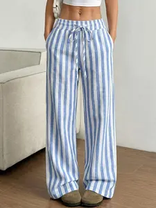Women's Blue & White Striped Wide Leg Pants, French Style High Waist Drawstring Linen Trousers, Casual Loose Fit Loungewear Bottoms (Blue/White)