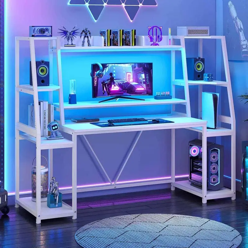 SIKAIC 65.7-Inch Large PC Desk with LED Lights, Hutch, Storage Shelves, Monitor Shelf - Ergonomic Desks for Gaming, Spacious Home Office Option