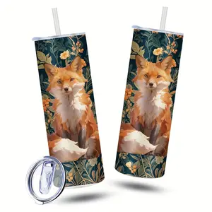 1-Pack 20oz Vacuum Insulated Coffee Cup with Leakproof Lid - Double-Wall Thermal Tumbler, Fox & Floral design Travel Mug for Hot/Cold Drinks, Tea, Smoothies - Ideal Gift for Office, Travel, Home Use