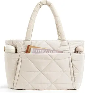 Women's Quilted Tote Bag with Zipper - Spacious Puffy Shoulder Bag with Compartments for Travel, Work, and Gym