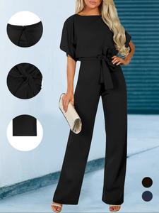 women's plain cut out tie front batwing sleeve jumpsuit, casual chic simple short sleeve straight leg romper for summer, fashion women's jumpsuit for daily wear, regular fit one piece, womenswear, clothes for women