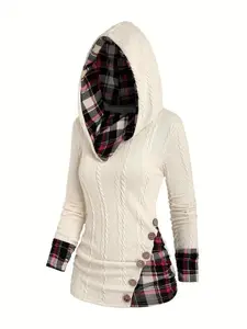 Women's Plaid Print 2 in 1 Ruched Fake Buttons Hoodie, Casual Textured Long Sleeve Hooded Sweatshirt for Fall & Winter, Women's Fall Clothes  for Daily Wear