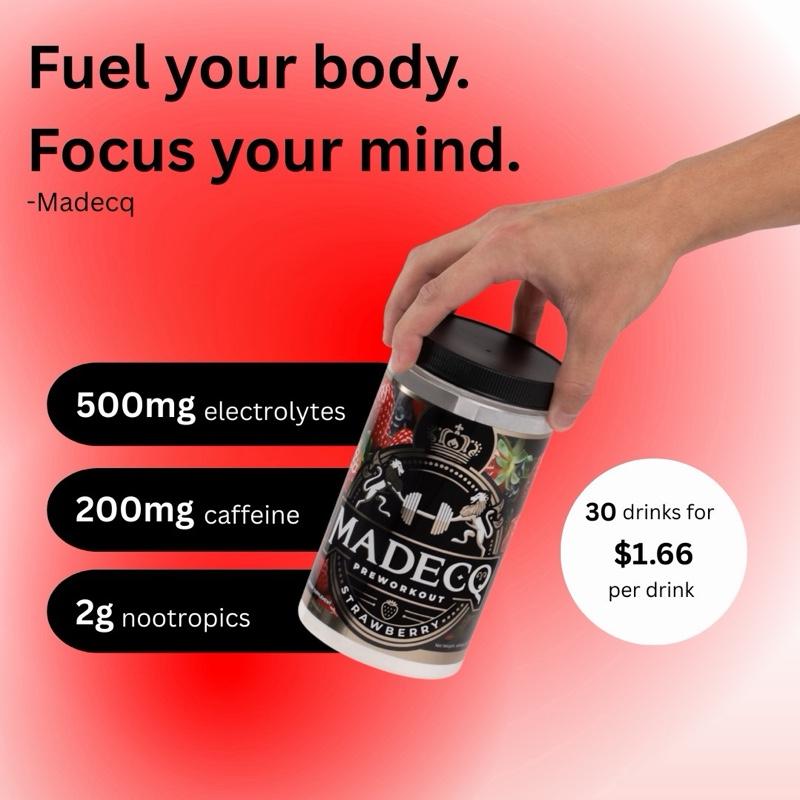MADECQ Most Healthy Pre-Workout - 8 Natural Ingredients - 30 Servings - Strawberry Flavor - FDA Regulated - No Artificial Sweeteners or Colors - Fitness Supplement