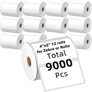 (9,000 Labels/12 Rolls) Zebra Labels 4x2 Direct Thermal Labels -750/Roll - Perforated Stickers for Barcode Addresst, Compatible with Zebra & Rollo Desktop Printer.etiquetas termicas directas