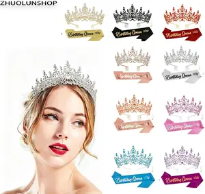 Women's Rhinestone Birthday Queen Crown and Sash Set - 8-Color Tiara with Combs, Glitter Sash for 16th, 18th, 21st Birthday Party Decorations, Photo Props