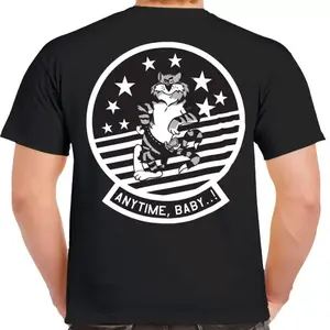 F-14 Tomcat “Anytime, Baby!” Double-Sided T-Shirt, US Navy Fighter Jet Squadron Patch Tee, Top Gun Inspired Naval Aviation Graphic with Back Print and Front Chest Badge, Unisex Pilot Veteran Gift
