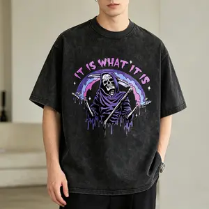 Men's Vintage Washed T-Shirt Grim Reaper With Scythe And Rainbow Oversized Graphic Tee Outdoor Casual Short Sleeve