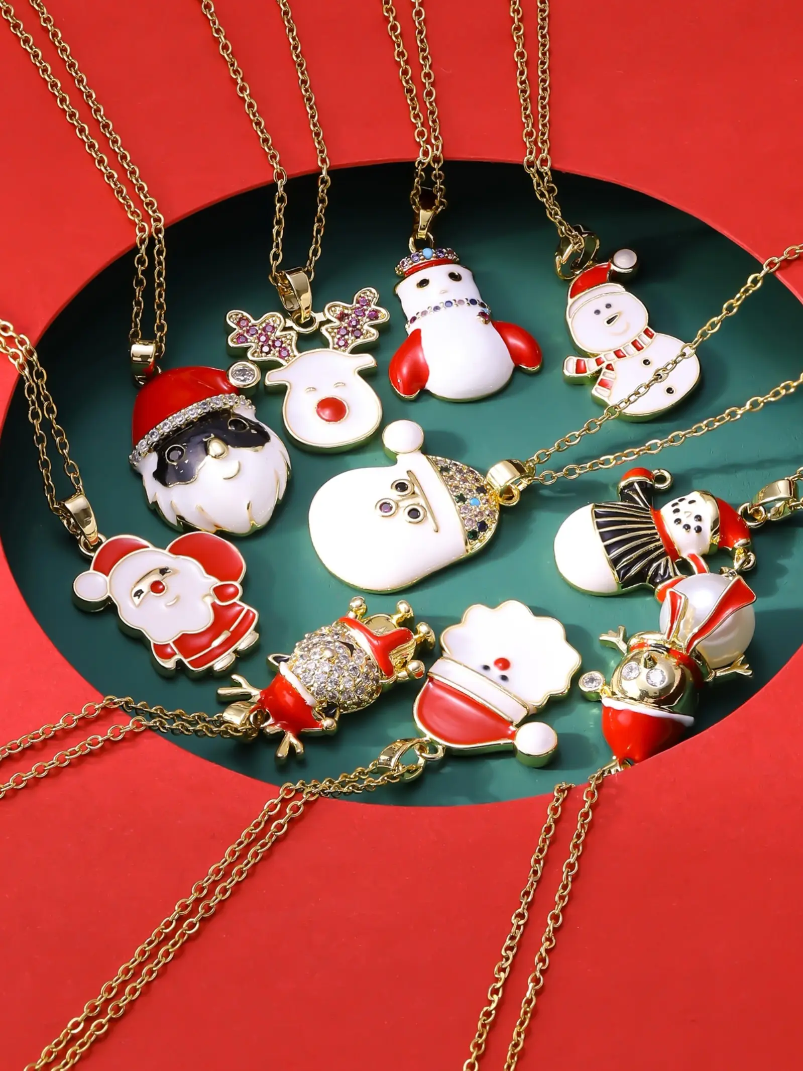 Christmas Necklace with Santa Clock Snowflake Tree Decorations, Holiday Jewelry Gift, Casual Style, Stainless Steel, Fall & Winter