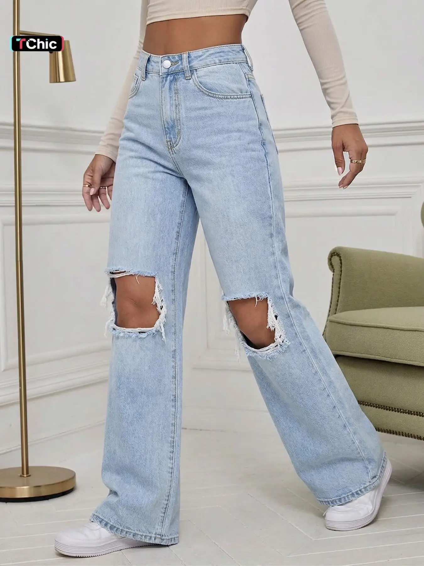 Y2K Style Washed Light Wash Trendy Ripped Jeans, Casual Streetwear Fashion Ripped Women's Pants with Pockets, Fitted Plain Pattern Pro Design
