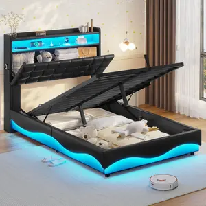ADORNEVE Lift Up Storage Twin Bed Frame with Type-C Charging Station& Hidden Storage Headboard, LED Lights Upholstered Platform Bed, Twin Bed with Hydraulic, No Box Spring Needed