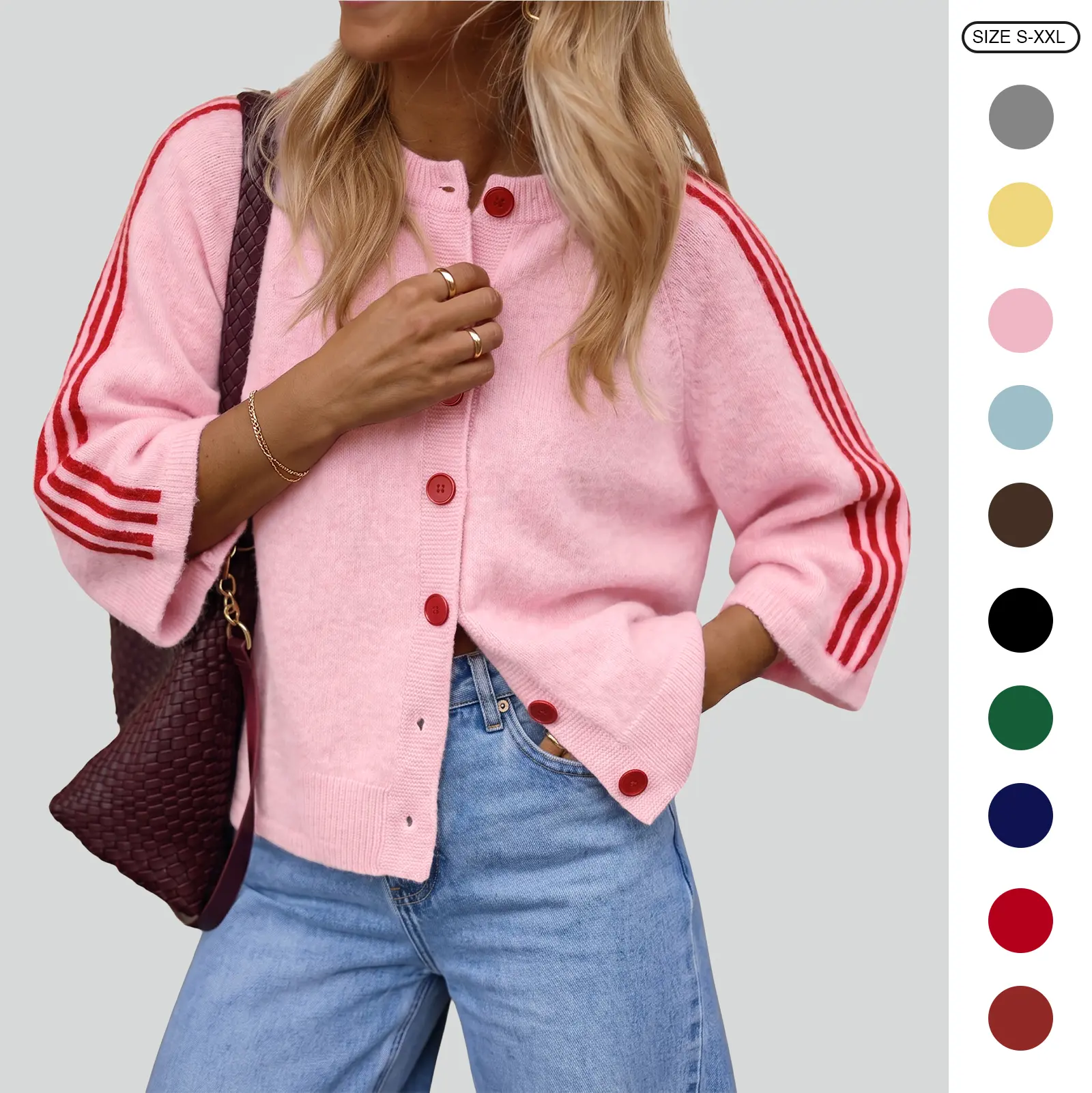 Imily Bela Women Striped 3/4 Sleeve Knit Cardigan Casual Crew Neck Button Down  Sweater Jacket Y2K Fall Outfits Striped Knitted Cardigan