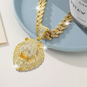 Lion Head Pendant Cuban Chain Necklace - Classic hip hop street fashion jewelry, versatile everyday leisure and party accessories. Ideal birthday, holiday and celebration gifts for men and women.