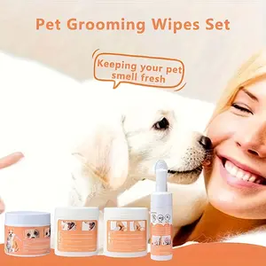 Pet Grooming Wipes Collection for Dogs & Cats - 4-Piece Kit Contains Paw Cleaning Foam Brush, Dental Care Wipes, Eye Ear Finger-Cot Wipes Multi-Pack for Routine Pet Care