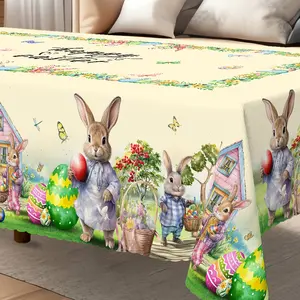 Happy Easter Bunny Print Polyester Tablecloth Spring Holiday Dining Table Cover Farmhouse Kitchen Decor