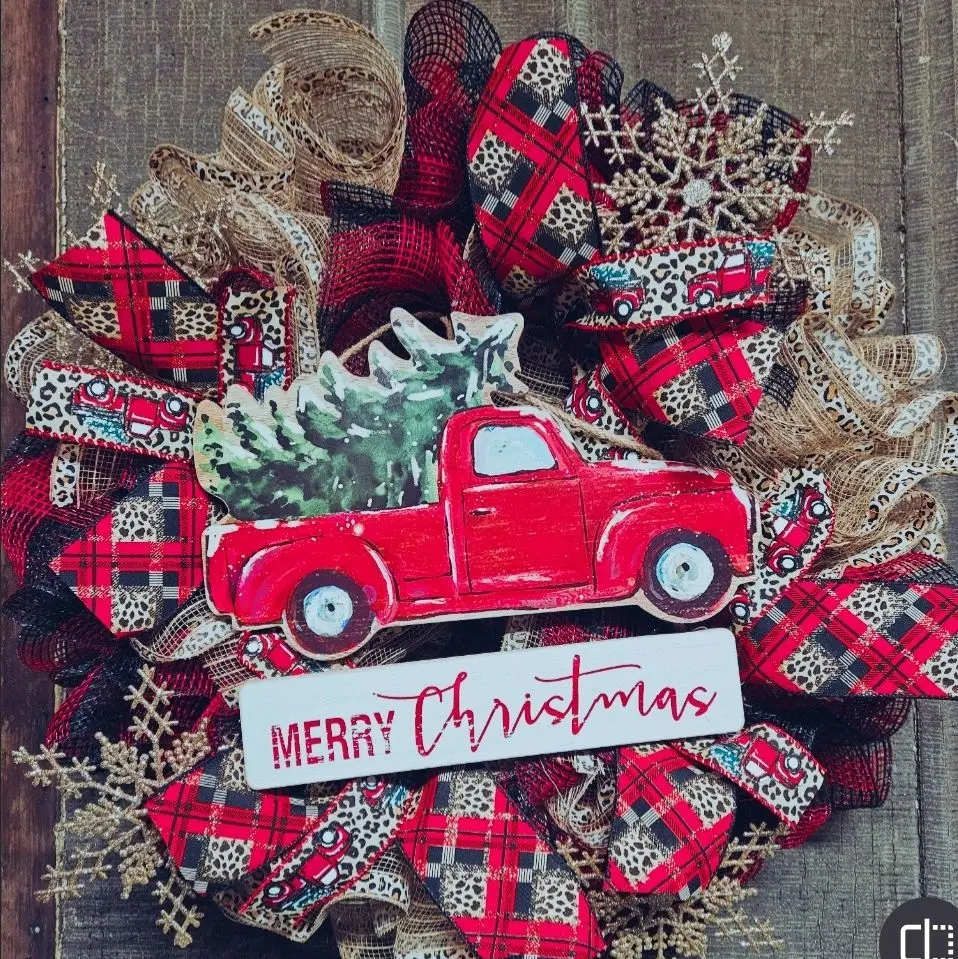 Red and Black Check Merry Christmas Truck Wreath with Leopard Print Ribbon for the Holidays Festive Decor