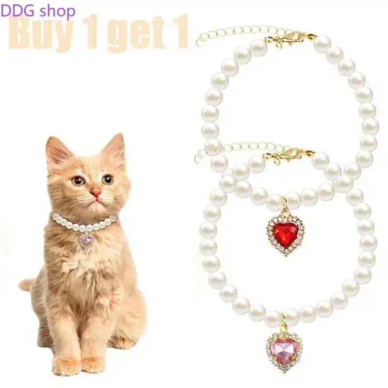 2-Pieces Faux Pearls Cat Collar with Heart Rhinestone Pendant, Adjustable Pet Necklace for Cats, Sparkly Protective Gear for Party & Photoshoot Daily Wear (Sports & Outdoor Accessories)