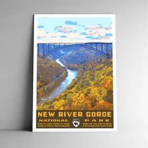 New River Gorge National Park Vintage-Style Travel Poster - 8x10-12x18-18x24-24x36 / 4x6 Postcard WPA Style West Virginia Art Print Gorge Bridge