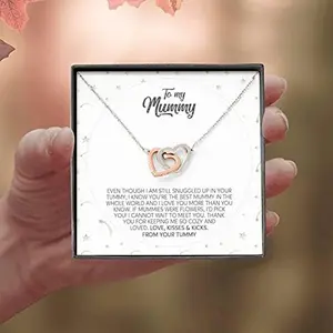 Christmas Gift From Bump, Expecting Mom Gift From Tummy, Interlocking Hearts Necklace, Mom To Be Necklace From Baby Bump, Personalized Gifts For Pregnant Women Friend Thank you for keeping me so cozy. Necklace Jewelry With Meaningful Messages Card & Box