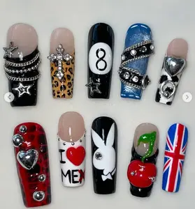 Terra Nails – Y2k Pop Punk Princess Press On Nails / y2k nails/ 3d nails/ Punk Nails/ Cherry Nails/ Leopard Print Nails/Playboy/ Nail charms/ Trendy Nails – TN193