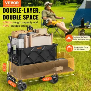 VEVOR Foldable Double Decker Wagon, 400L Collapsible Wagon Cart with All-Terrain Wheels, Heavy Duty Folding Wagon Cart 450 lbs Weight Capacity for Camping, Shopping, Garden, 52" Extra Long Extender