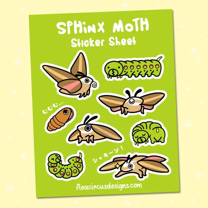Sphinx Moth Sticker Sheet - cute moths caterpillars bugs kawaii adorable matte vinyl sticker sheet
