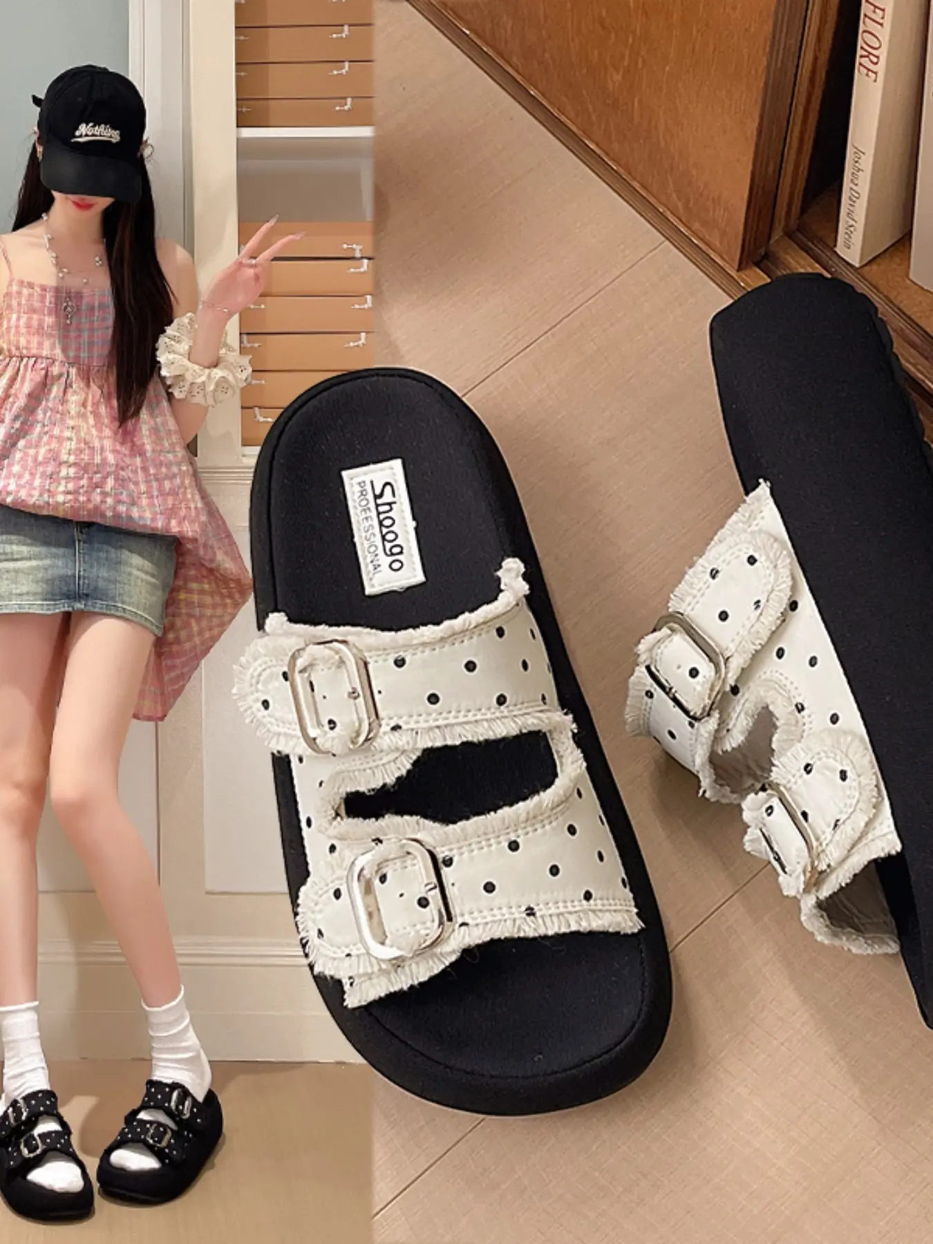 Summer Retro College Style Polka Dot Fringe Double Buckle Thick Sole Sandals, 5cm Heel Height, Anti-Slip Soft Bottom, Sweet Cool Fashion Shoes, Summer Footwear, Vintage, Women