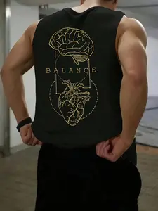 Balance Graphic Sleeveless Vest, Unisex Casual Sportswear, Heart & Brain Print Design, Breathable Loose Fit Tank Top