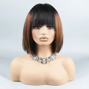 Short Bob Human Hair Highlight Wigs with Bangs 100% Brazilian Remy Virgin Short Human Hair 8 Inch Glueless Wigs Wear and Go Human Hair 150% Density Machine Made Wigs For Women P1B/30
