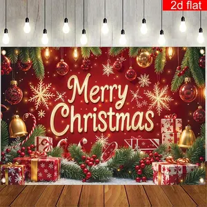 1pc 2D Flat banner, Merry Christmas photography background banner, polyester, gift Christmas ball with green leafy fruit pattern, exquisite and durable, with four holes for easy hanging, suitable Tree White