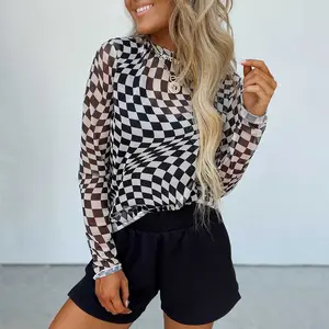 Black Checkered Pattern Mesh Mock Neck Long Sleeve Top for Women, Sheer Slim Fit Lettuce Edge Blouse for Daily Streetwear, Date Night & Fall Outings