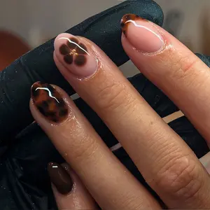 24pcs Oval Press-On Nails, Leopard French & Flower Designs, French Tips Nails, Autumn Winter Nail Set, Easy Wear Acrylic False Nails, Nail Art Design for Women and Girls