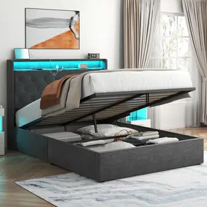 Queen Lift Up Bed Frame with Charging Station & LED Lights, Upholstered Bed with Button Tufted Wingback Storage Headboard, Hydraulic Storage, No Box Spring Needed