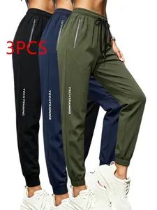 3-Piece Women's Technical Training Joggers, Elastic Waist Quick-Dry Long Pants, Zip Pockets, Ideal for Running and Exercise
