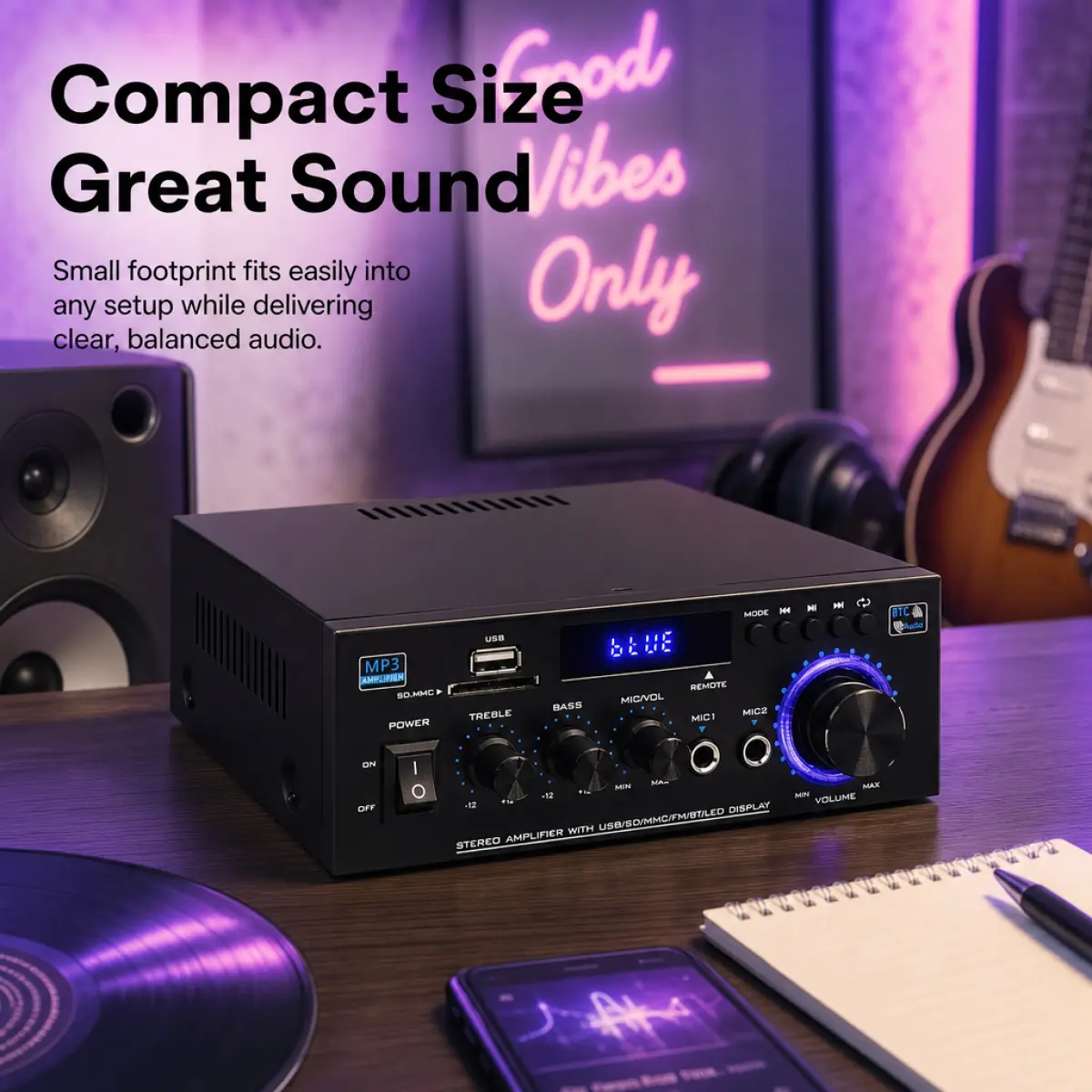 AK45 Mini Bluetooth 5.0 Hi-Fi Amplifier with 2 Mic Inputs, USB/SD/FM Radio & Remote – Convert Speakers to Karaoke System for Home Theater, Party