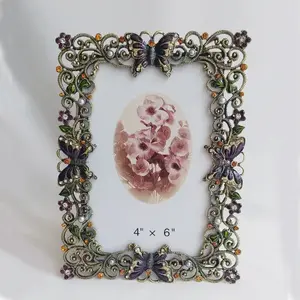 Vintage Bronze Zinc Alloy Photo Frame, Colorful Enamel Butterfly Design, Square Shape with Rhinestones, Decorative Wall Art