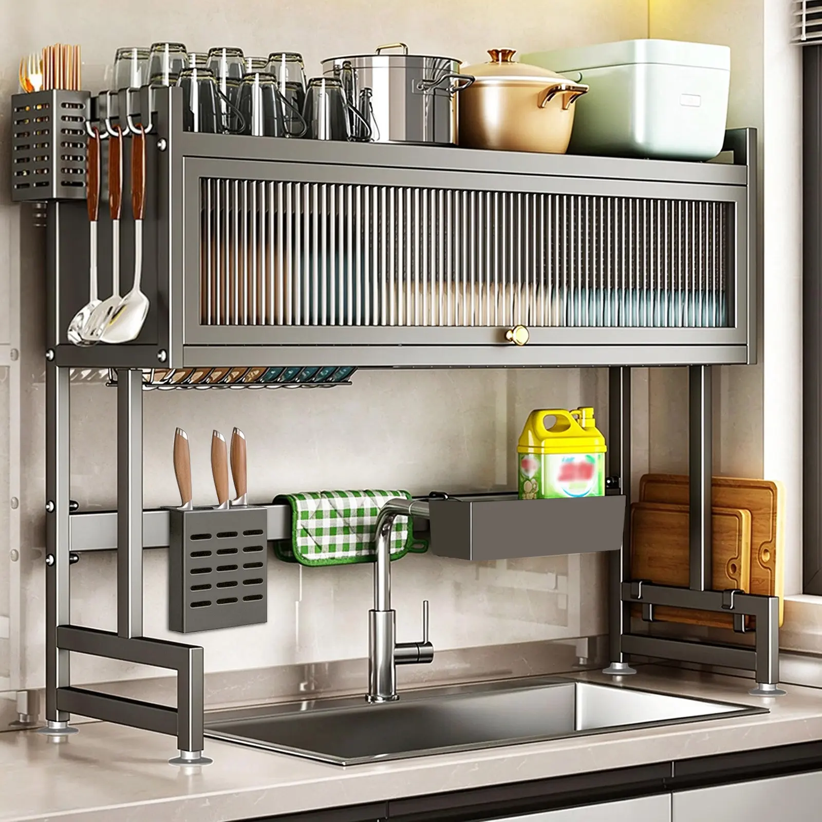 3-Tier Over the Sink Kitchen Dish Drainer Drying Rack with Adjustable Size, Elegant Cover, Large Capacity, Space Saver, 5 Hooks, Knife/Cutting Board Holders, Drain Tray, Utensil & Fruit Storage, Easy Installation & Maintenance